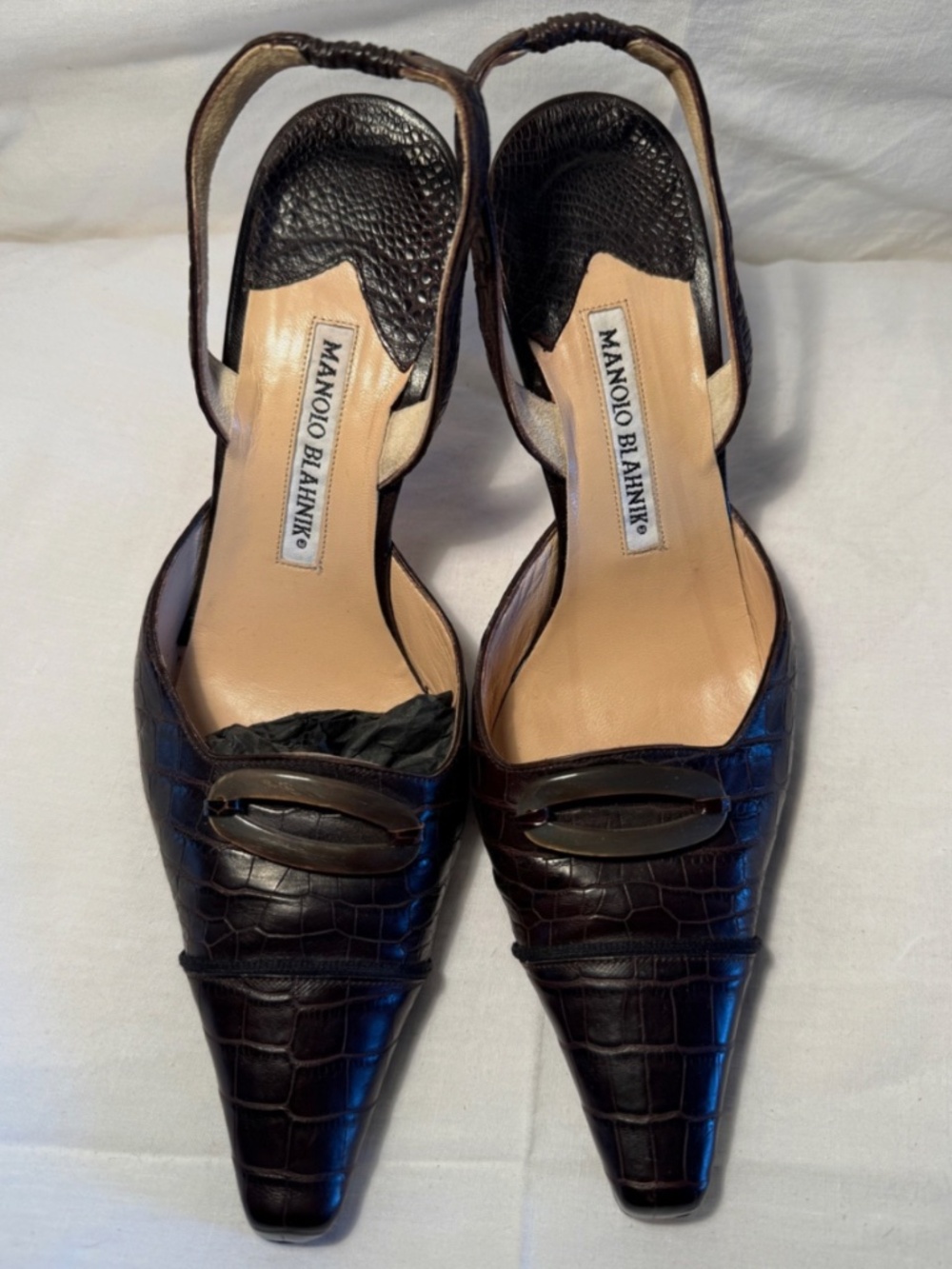 Vintage Manolo Blahnik Caroylne Crocodile Slingback Heels with Toe Detail